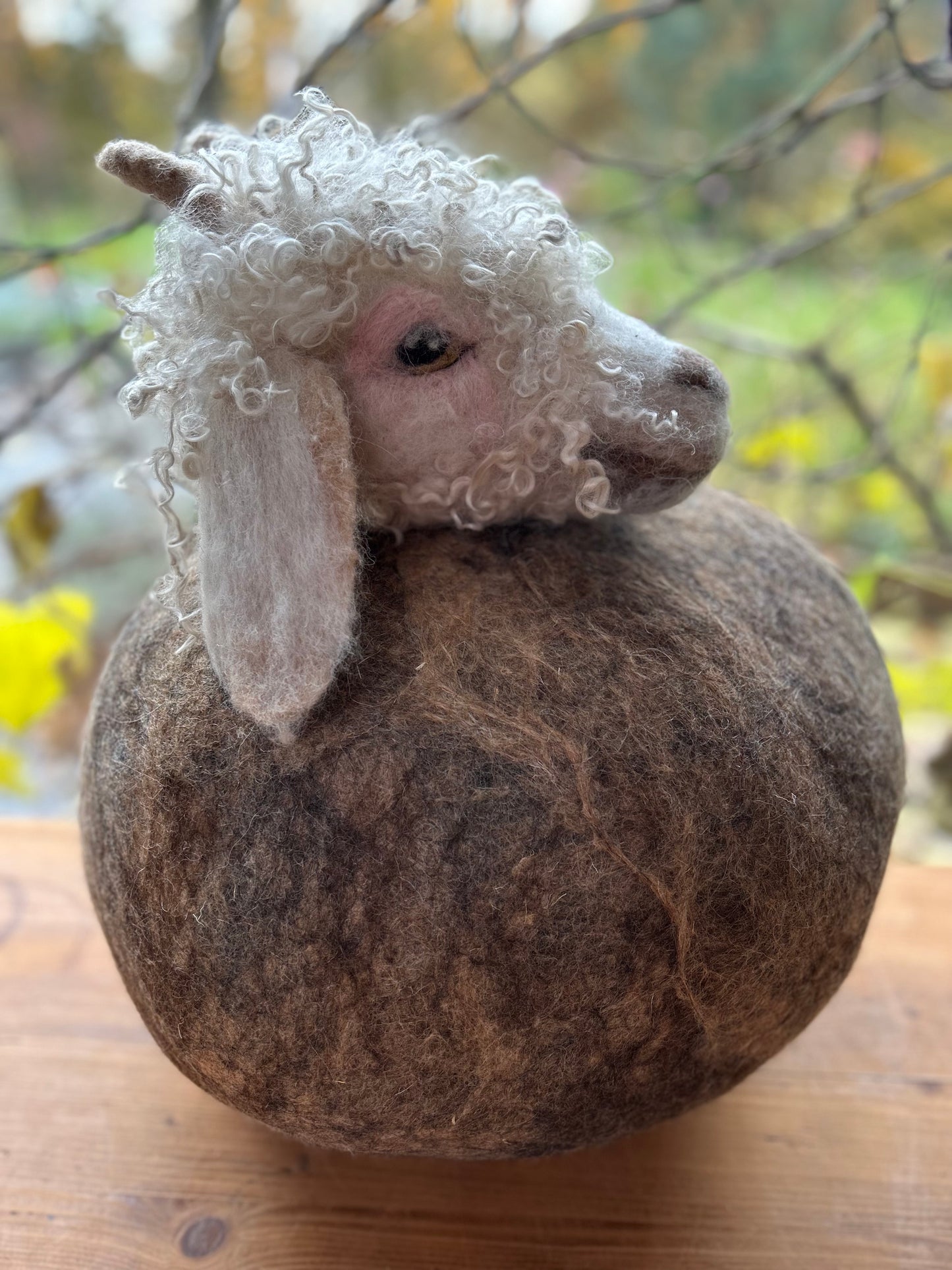 Dit lieve kopje van een angorageit lam ziet er echt uit, maar is volledig uit wol en mohair opgebouwd en met behulp van speciale viltnaalden tot dit levensgroot en levensecht geheel gevilt.
